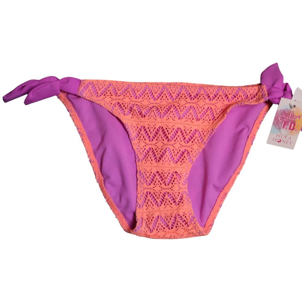 Hula Honey Crochet Lace Bikini Bottom XS Neon Orange Pink Side Tie Coquette Y2K
